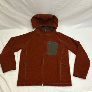 REI Boys 12 Full Zip Hooded Fleece Jacket Brown Burnt Orange Coat Hoodie Ribbed